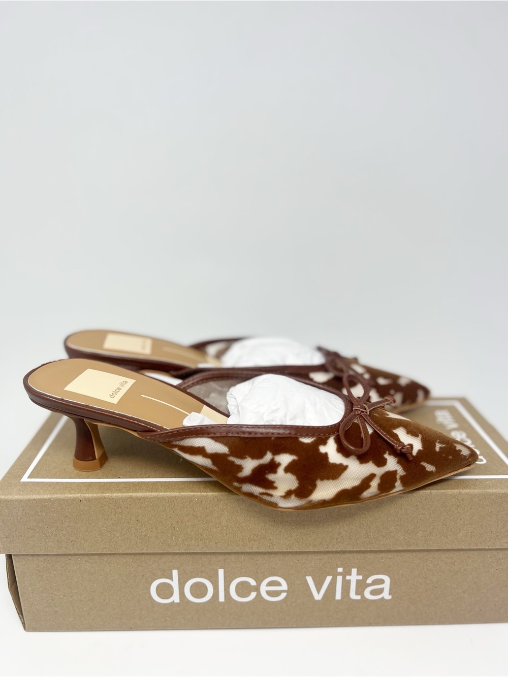 Dolce Vita Brown and Cream Cowhide Print Pointed Mule Heels - Picture 4 of 9